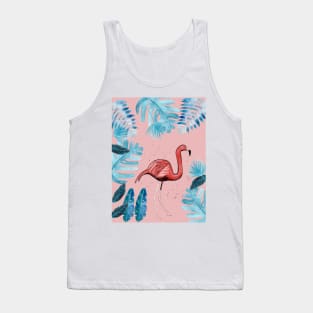 Flamingo with tropical leaves and a coral background Tank Top